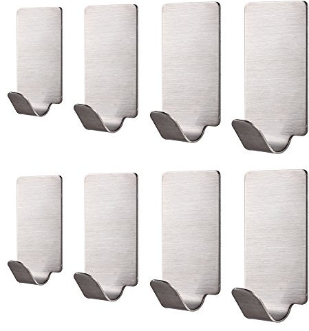 GWCLEO Self Adhesive Hooks, 8pcs Stainless Steel Adhesive Wall Hanger for Robe, Coat, Towel,Kitchen Bathroom Office Closet - Waterproof, No Drill Glue Needed