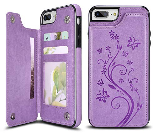 UEEBAI Case for iPhone 6 6S, Luxury PU Leather Case [Two Magnetic Clasp] [Card Slots] Stand Function Butterfly Flower Pattern Durable Shockproof Soft TPU Back Wallet Cover for iPhone 6/6S - Purple