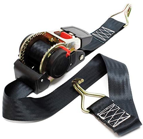 Sangle d’arrimage 1,8 m x 50 mm Traction 750 daN PES Crochet avec Tendeur à cliquet Auto-Enrouleur