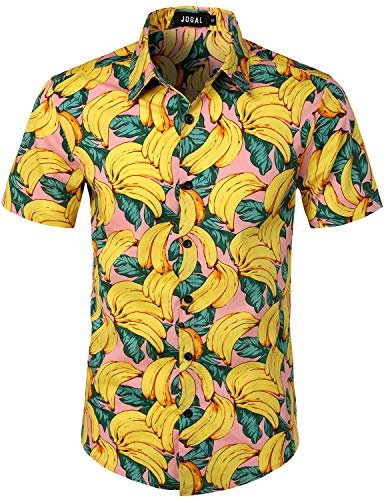 JOGAL Herren Funky Fruit Shirt Kurzarm Hawaiihemd Medium RosaBanana