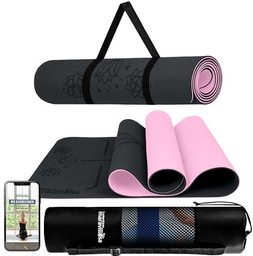 LA MENTE ES MARAVILLOSA - Gymnastikmatte, Rutschfest Yogamatte inkl. Tragegurt + Tasche + Übungs-E-Book, Gepolstert, Hautfreundliches TPE für Fitness/Pilates/Workout 183x61 cm (Blumen, Schwarz/Rosa)