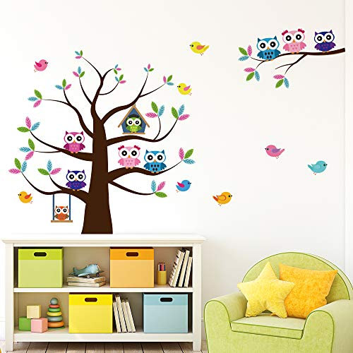 Alwayspon Wandaufkleber für Kinderzimmer, Motiv: niedlicher Baum und bunte Eulen, entfernbare Aquarell-Wandaufkleber, abziehen und aufkleben, Wandkunst für Zuhause, Kinderzimmer, Wohnzimmer