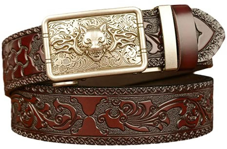 DFGGE Vintage Gürtel Ratsche Automatikschließe Silber Tiger Wolf Schnalle Ledergürtel mit Ornament Prägung,Für Herren Jeans Anzug,Braun,110cm/waist:36~38