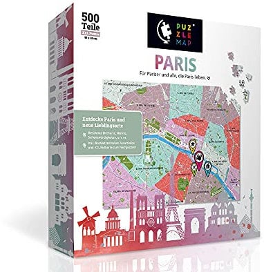 PuzzleMap Paris Puzzle Stadtplan - XXL 500 Teile - Mit Booklet & Faltkarte - 68x48cm Motivgröße - Reiseführer Geschenk Souvenir