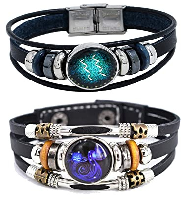 2Pcs Multilayer Constellation Zodiac Leather Bracelet Handmade Woven Zodiac Sign Wrap Bracelet Wristband for Women Men Jewelry Birthday Gift, 01 Style: 21cm (8.26), 02 Style: 21.7cm (8.5), Leather