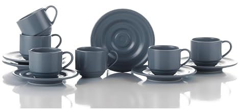 Kütahya Porselen 12-teiliges Kaffeetassen Set aus Porzellan | Kaffee Geschirrset für 6 Personen | Rundes und Modern Design Tassen & Untersetzer | Spülmaschinenfest (Grau, 12 Teile Set)