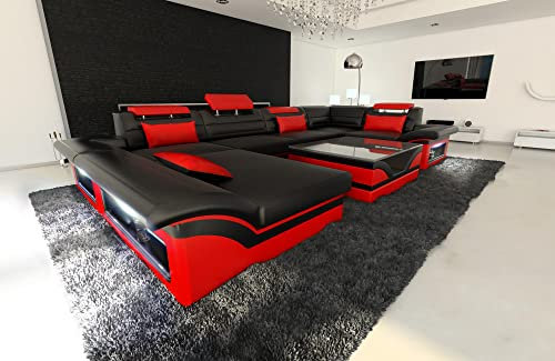 Wohnlandschaft Enzo U Form Sofa Leder- mit LED Beleuchtung, verstellbare Kopfstützen, Recamiere/Lederfarben wählbar/Ausrichtung Ottomane wählbar (Ottomane Links, Schwarz-Rot)