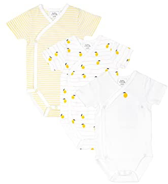 Stellou & friends Baby 100% Bio-Baumwoll Wickelbody 3er Set, kuschelweiche und hochwertige Kinder Kleidung für Jungs und Mädchen mit schönen Prints Kurzarm Gelb-Weiß 62-68