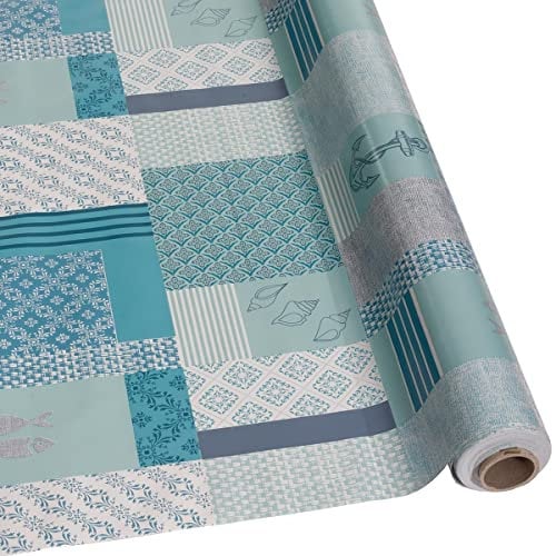 DéVa Wachstuchtischdecke Patchwork Anker blau in 1,4m Breite (Meterware) - PVC Wachstuch - Outdoor und Indoor Tischdecke
