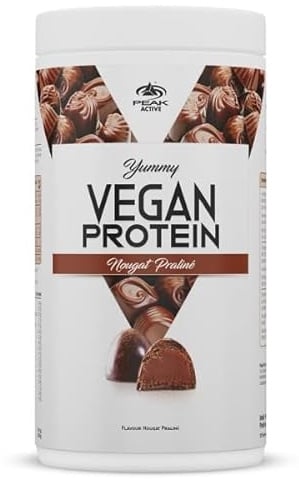PEAK Yummy Vegan Protein - 450g Geschmack Nougat Praliné I 15 Portionen I Proteinquellen: Kürbis, Favabohne, Erbse, Mandel, Hanf I frei von Gentechnik I glutenfrei