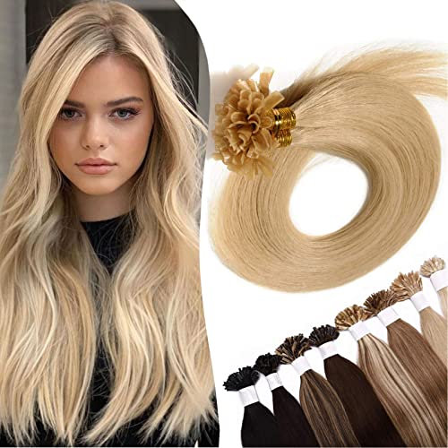16 inch SEGO Pre Bonded Hair Extensions Real Human Hair 100 Strands [#24 Natural Blonde] Remy Keratin U Nail Tip Straight for Women (50g)