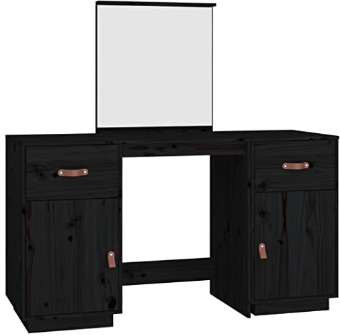 vidaXL Schminktisch Set, Frisiertisch mit Allzweckspiegel, Kosmetiktisch mit viel Stauraum, Schlafzimmer Tisch Make up Tisch, Skandinavisch, Schwarz Massivholz Kiefer