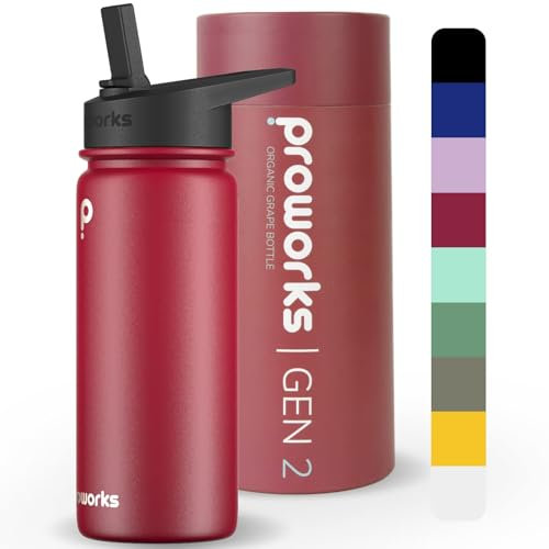 PROWORKS Gen 2 Bouteille d'eau Isotherme avec Paille 1L Bouteille d'eau Isotherme 24 Heures Froid 12 Heures Boissons Chaudes Acier Inoxydable Gym - Raisin Biologique