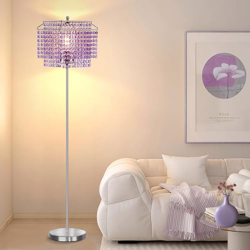 Kristall Stehlampe Lila, 162.6 cm Hoch Stehleuchten mit Doppellagigem Lampenschirm, Elegante Stehlampe mit Ein/Aus Fußschalter, Stehleuchten für Wohnzimmer, Schlafzimmer, Kommode, Büro, Birne