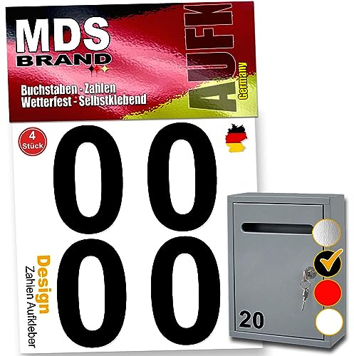 MDS Brand Zahlen Aufkleber 5cm Design Selbstklebende Klebezahlen | Vinyl Hausnummern zum Aufkleben für Briefkasten, Mülltonnen, Hausnummer für Außen & Innen (Schwarz, 0)