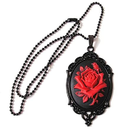 Collier Ras du Cou Gothique Camée Rose Rouge - Pendentif Victorien pour Halloween Cosplay - Bijoux Punk Métal Argent