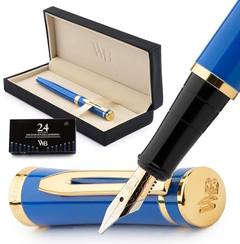 Wordsworth & Black Füllfederhalter-Set, breite 18-Karat-Goldfeder, inklusive 24 Tintenpatronen, Kolbenkonverter und Geschenkbox, goldfarben, Kalligraphie, Kaiserblau