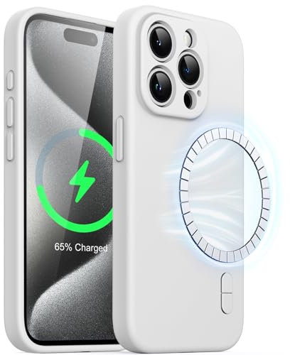 JETech Magnetic Silicone Case for iPhone 15 Pro Max 6.7-Inch, Compatible with MagSafe, Phone Cover with Camera Lens Full Protection (White)