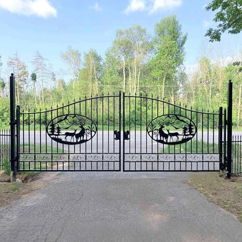 CHERY INDUSTRIAL.COM Outdoor Dual Swing Gate Driveway Security Gates Anti-Rust Outdoor Iron Gate Weatherproof Gate for Yard Patio Manor (20‘ Deer)