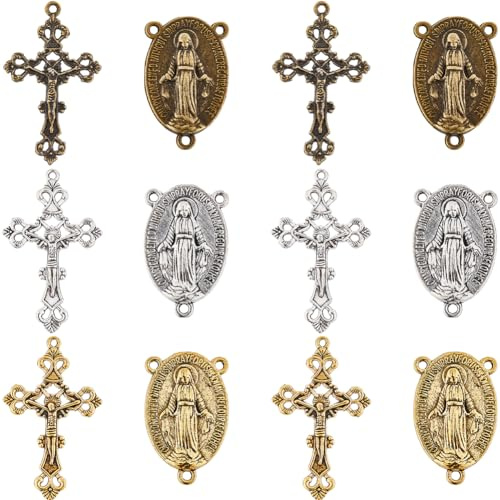 SUNNYCLUE 1 Box 60 Stück 6 Stile Rosenkranz Kreuz Anhänger Kruzifix Anhänger Ostern Feiertage Antik Silber Gold Bronze Ovale Kronleuchter Glieder Rosenkranz Perlen Befunde Zur Schmuckherstellung Charm