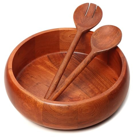 LAVAUX DESIGNS Extra large Wooden salad Bowl with 2 servers | 12x4 inches | 4.5 quarts capacity | Food safe salad serving bowl | (Natural Finish)