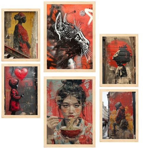 Nacnic-Set mit 6 Dekorative Malerei Straßenkunst, roter, schwarzer und gelber Graffiti-Banksy-Stil Gerahmtes Poster mit Design-Illustrationen zur Dekoration der Wände A3 & A4 Leichter Holzrahmen