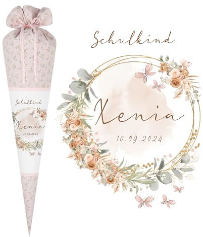 Manufaktur Liebevoll Eukalyptus Schultüte Mädchen Einschulungstüte Name personalisiert Boho Schultüte Stoff Vintage Rosa Blumen Mädchen Zuckertüte Schulkind 2025 I (Blumenranke)