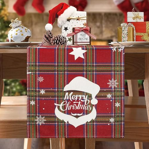 BonBotimen 33 x 183 Tischläufer Weihnachten Modern Rot Tischläufer Polyester Abwaschbar Rotkarierter Läufer Tisch Landhausstil Table Runner Schneeflocke Weihnachtstischläufer für Winter Tischdeko
