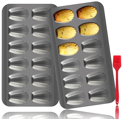 OAMCEG Lot de 2 moules à madeleines avec brosse en silicone - 12 moules à madeline robustes en forme de coquillage - En acier au carbone - Antiadhésif - Pour biscuits et gâteaux