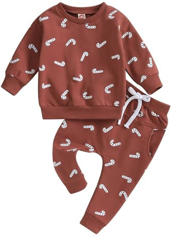 Dazzerake 2 Pezzi Completo Neonato di Natale Felpa Manica Lunga Stampata Albero Natalizio + Pantaloni Elastica Unisex per Bambini Tuta Natalizia Elegante (Rosso mattone, 3-6 mesi)