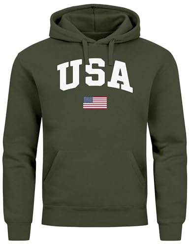Neverless® Hoodie Herren USA Schriftzug College Retro US Flagge Amerika Front-Print Aufdruck Motiv Fashion Streetstyle Oliv M