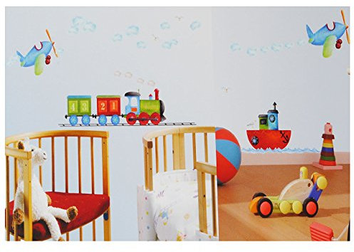 alles-meine.de GmbH 24 TLG. Set: Wandsticker/Sticker - Fahrzeuge & Flugzeug - auch als Fensterbild/Fenstersticker - Zug Lok/Schiffe & Eisenbahn - selbstklebend wiederverwen..