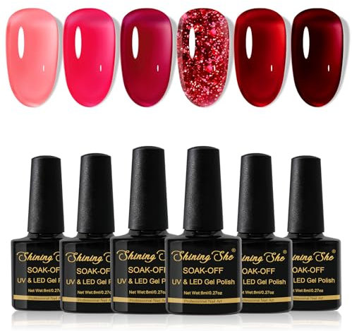 Shining She Jelly Gel Nail Polish, 6 Color Pink Red Burgundy Glitter Sheer Nail Polish Kit Transparent Nail Polish Soak-Off UV/LED Nail Polish Gel Gift for Nail Art Salon DIY Home, 8ML