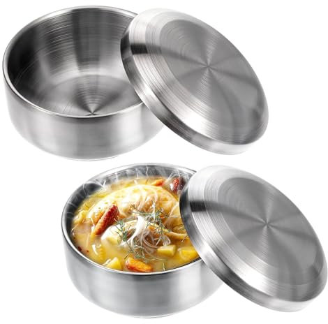 2 Pack Stainless Steel Rice Bowl with Lid, for Korean Kitchen Restaurant, Double-walled Metal Bowls, Multi-Purpose Insulated Soup Bowls Snacks Bowls (5.3 inches)
