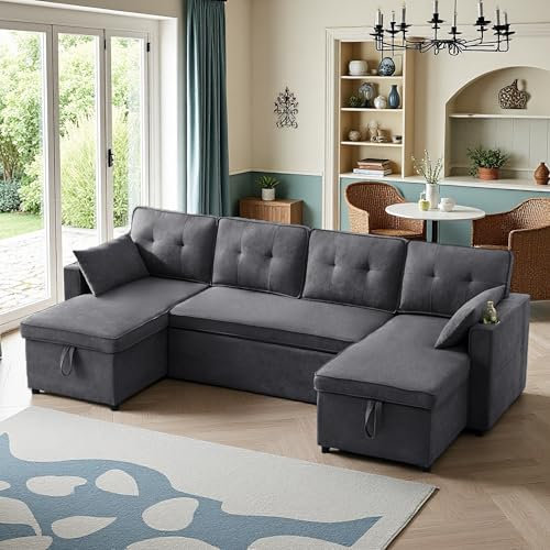 Zubaliya Sofá cama con función de dormir acolchado, esquinero convertible de 4 plazas en U, relajado, tejido de algodón y lino, con portavasos, dos espacios de almacenamiento