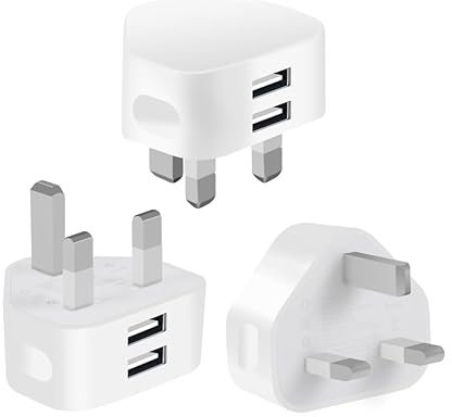 3 Pack Dual Port USB Plug UK Charger 5V/2.1A Compact Mains Fast Wall Charging Adapter with Smart IC Technology for iPhone 15 14 13 12 11 XS XR X 8 7 6, iPad, Samsung, Huawei - White