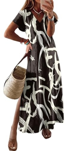Generisch Damen Sommer Maxikleid Kurzarm V-Ausschnitt Lockeres Strandkleid mit Seitenschlitz für Urlaub