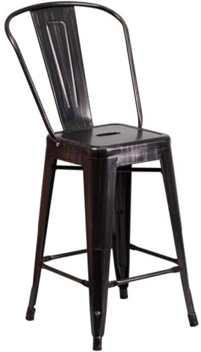 FWStyle Lily Black/Gold 61cm Counter Stool Set of 4 – Industrial Metal Bar Stool, Footrest, Weather-Resistant, Fully Assembled – Indoor/Outdoor Kitchen Café Use