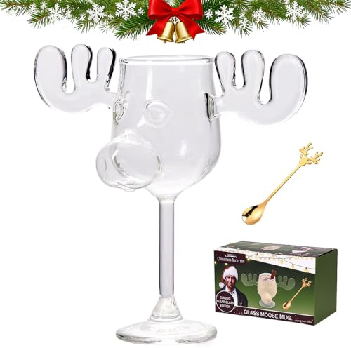 ByteCraft Christmas Eggnog Moose Mug, Clear Thick Cute Glass Coffee Mug, Vacation Movie Moose Gift Drinking Cup for Christmas Friend Birthday Holiday (High Footed Glass)