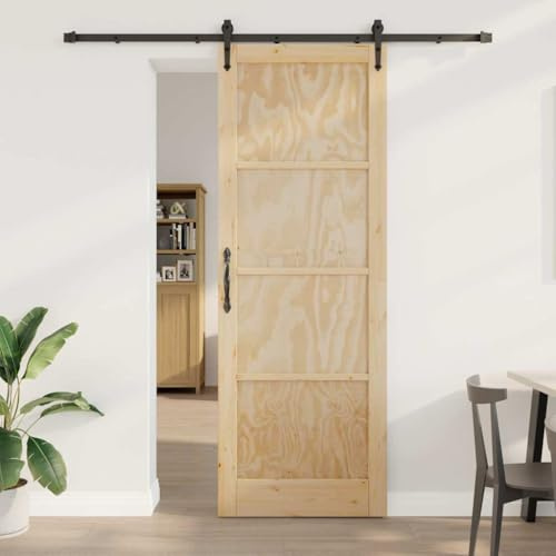 QJBSAVVA Schiebetür ORKDAL aus Massivholz Kiefer 83 x 232 cm Braun Moderne Holz Zimmertür mit Komplettset für Wohnzimmer Büro Flur