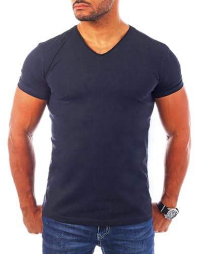 Young & Rich Herren Uni T-Shirt mit V-Ausschnitt Basic V-Neck Tee mit Stretchanteilen einfarbig Slim fit 1700
