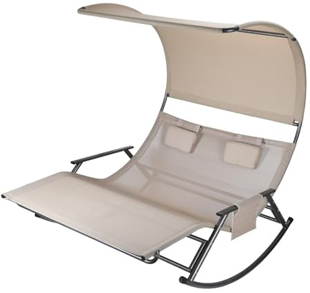 Eikuavons Doppelliege Outdoor, 2-Personen Schaukelliege mit 250 kg Tragkraft, Sonnenliege mit Sonnendach, Tasche und atmungsaktivem Gewebe, Beige für Garten, Balkon, Terrasse