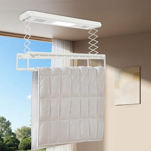 Gdetnysty Elektrischer Wäscheständer Decken-Wäschetrockner mit Fernbedienung LED Licht 130-215cm teleskopierbar 35kg belastbar mit Ventilator Teleskopstange sterilisierbar 220V für Balkon (Weiß)