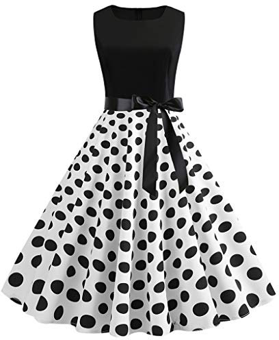 OverDose Soldes Robe Vintage Années 50 Pin up Femme Robe de Soirée Cocktail sans Manches Rétro Imprimé Pois, Grande Taille Sexy Ete Plage Dress(Noir,36)