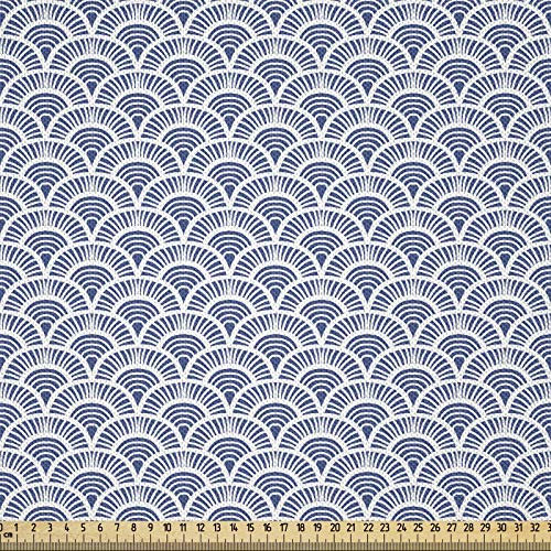ABAKUHAUS japanisch Satin Stoff als Meterware, Art Deco Skalen Boho, In Toller Stoff für Polster Heimtextilien, 10M (148x1000cm), Weiß Blau