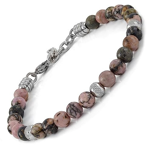 10:10 Armband aus Edelstahl mit natürlichem Rhodonit-Stein, verstellbar, robust, elegant, Geschenkidee für Damen und Herren, hergestellt in Italien
