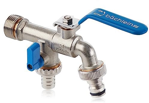 Bächlein Grifo Universal Doble para el Jardín, Azul, Incluye 2 conexiones de Manguera, Válvula de Bola con Conexión de 1/2 y 3/4 de Pulgada, Grifo de Salida Exterior