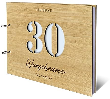Personalisiertes Geburtstag Gästebuch Bambus Cover Naturpapier 72 Blätter | 144 Innenseiten DIN A4 quer 302 x 215 mm - 30 Jahre