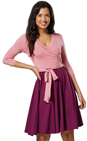 HAPPY MAMA Femme Maternité Robe de Grossesse Col en V 525 (Rose Sombre & Prune, 44-46, 2XL)