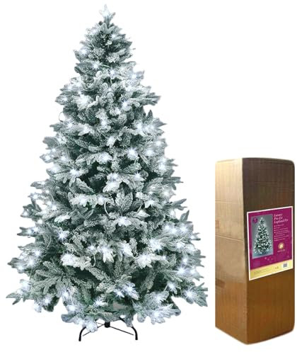 SHATCHI Pre-Lit Artificial Christmas Tree Lapland Fir-LED Lights, Snow Flocked PE/PVC Tips, Snowy Bushy Hinged Branches, Metal Stand for Xmas Home Decorations, Cool White, 300cm
